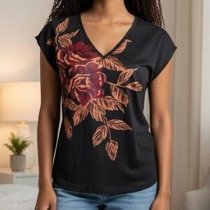 Vintage New York & Company Floral Satin V-Neck Top in Black, XS